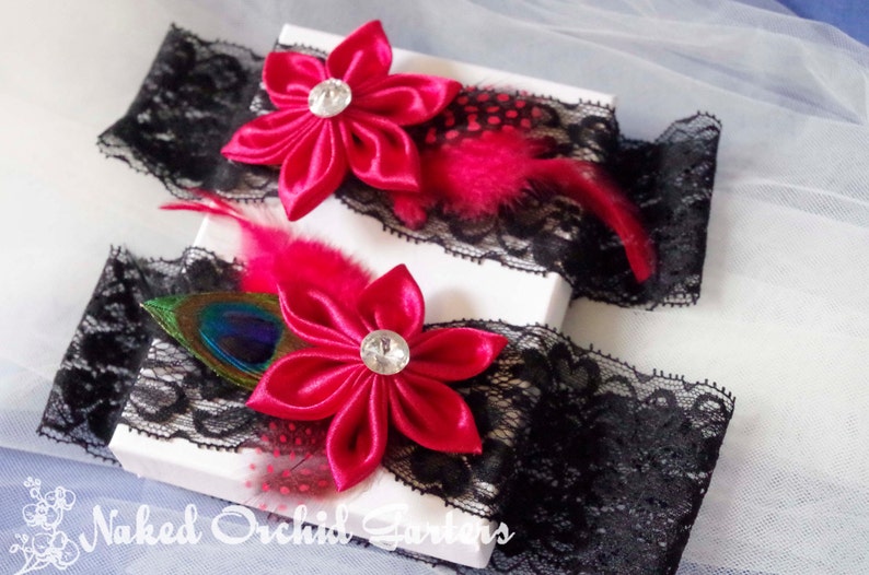 Black Lace Garter for Vintage Circus- Bettie Page- Pinup Girl Peacock Garters Dance Costume Red Wedding Garter Set