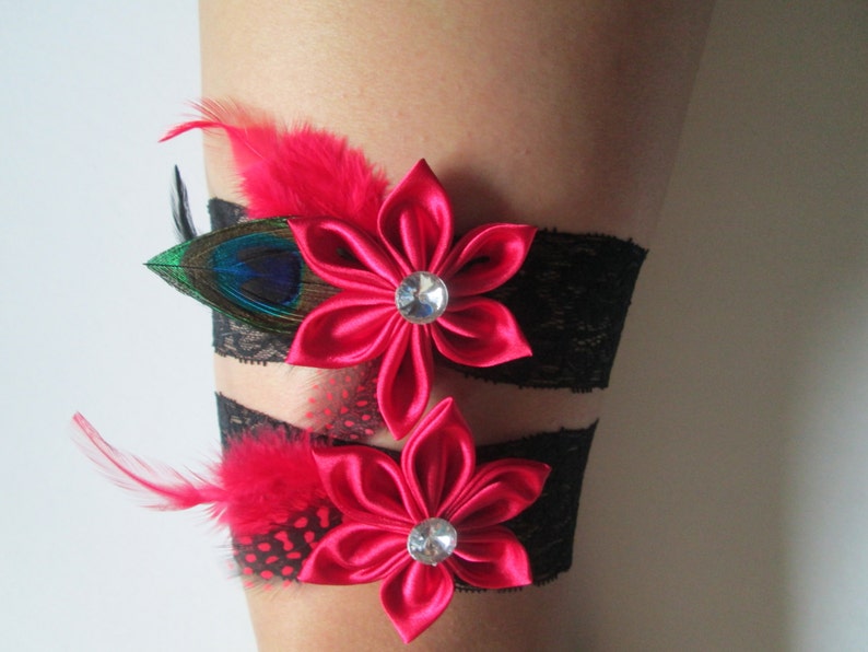 Black Lace Garter for Vintage Circus- Bettie Page- Pinup Girl Peacock Garters Dance Costume Red Wedding Garter Set