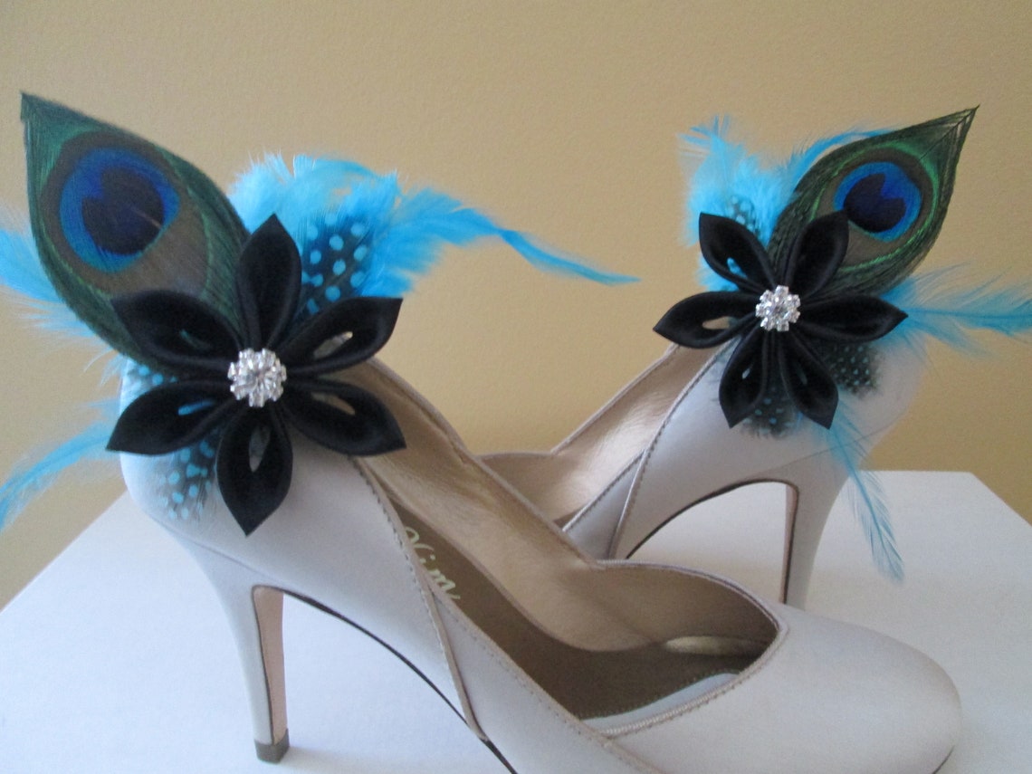 Black & Turquoise Shoe Clips Peacock WEDDING Shoe Clips Blue Etsy