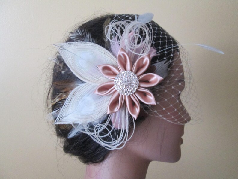 Rose Gold Bridal Hair Flower Fascinator Blush Peacock Rustic Etsy