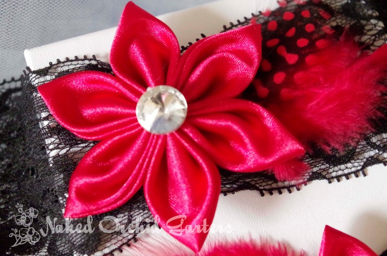 Black Lace Garter for Vintage Circus- Bettie Page- Pinup Girl Peacock Garters Dance Costume Red Wedding Garter Set