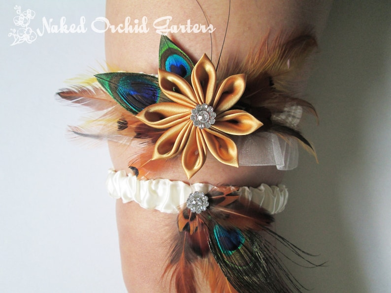 Gold Kanzashi Gold Wedding Garter Set Country- Rustic Bride Peacock Garter Rustic Garter Set Burlap /& Lace Bridal Garter