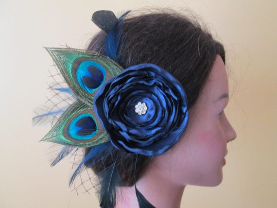 Navy Blue Rose Hair Clip Peacock Wedding Fascinator Etsy