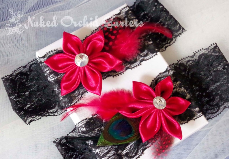 Black Lace Garter for Vintage Circus- Bettie Page- Pinup Girl Peacock Garters Dance Costume Red Wedding Garter Set