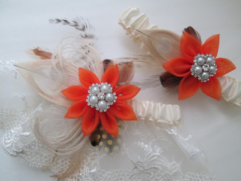Wedding Garter Set Burnt Orange Garters Ivory Shabby Chic Etsy