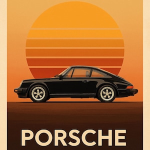 affiche vintage Porsche 911 coucher de soleil - art mural voiture rétro, impression voiture de sport classique, téléchargement numérique