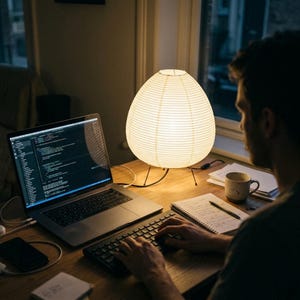 Puede incluir: Una linterna de papel blanca e iluminada se encuentra sobre un escritorio de madera junto a un port&aacute;til y una persona que teclea en un teclado. Una taza de caf&eacute; y un cuaderno tambi&eacute;n est&aacute;n sobre el escritorio. La l&aacute;mpara tiene una base negra y es de forma ovalada.