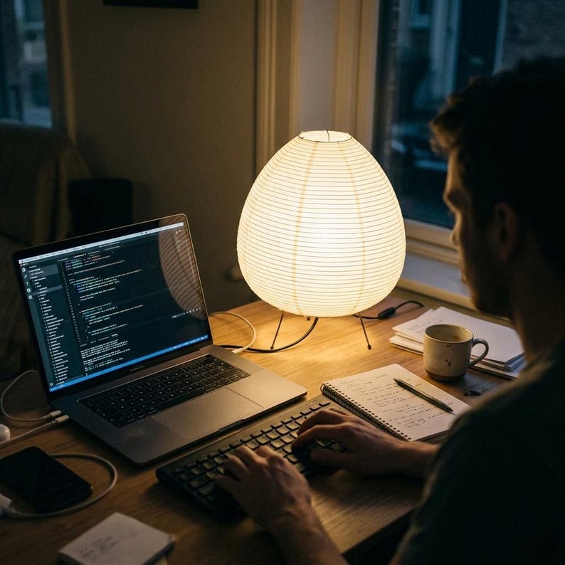 Puede incluir: Una linterna de papel blanca e iluminada se encuentra sobre un escritorio de madera junto a un port&aacute;til y una persona que teclea en un teclado. Una taza de caf&eacute; y un cuaderno tambi&eacute;n est&aacute;n sobre el escritorio. La l&aacute;mpara tiene una base negra y es de forma ovalada.