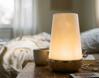 Lámpara de mesa recargable inalámbrica • Luz nocturna LED con base de madera, regulable, estilo escandinavo