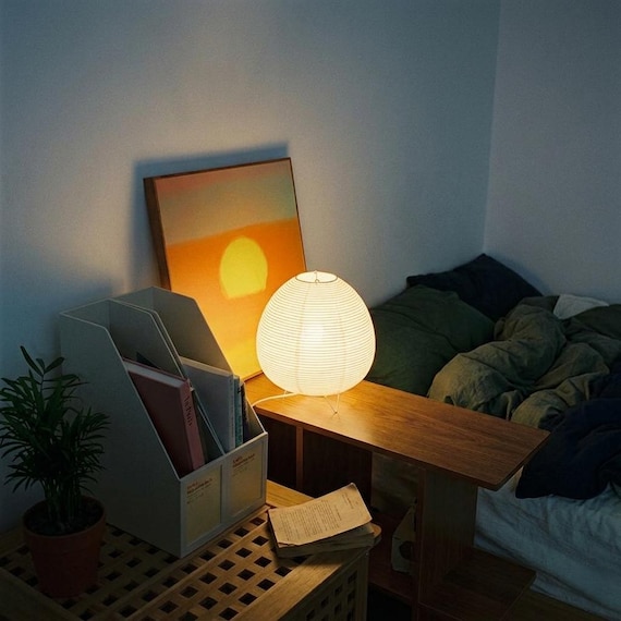 Japanese Rice Paper Table Lamp • Wabi-Sabi Bedside Light, Zen Decor