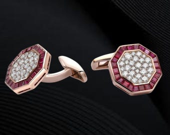 Ruby Cufflinks For Men's 14K Rose Gold Platted Cufflinks, Ruby & Diamond Men's Cufflinks, Handmade Anniversary Gifts For Men Cufflinks.