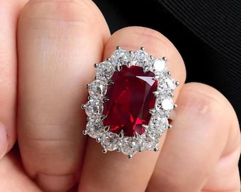 14 Karat Weißgold plattiert, Kissenschliff, roter Rubin, eleganter Damenring, handgefertigter Schmuck, einzigartiger Rubinring, Verlobungsring, Geschenk für die Ehefrau.