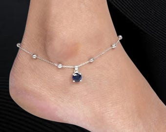 de cheville à breloques saphirs bleus | Bracelet de cheville en argent sterling avec perles