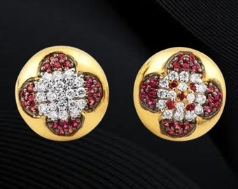 Round Cut Red Ruby & Diamond  Wedding Cufflinks For Men's | Elegant Formal Shirt/Suits Cufflinks | 14K Yellow Gold Plated | Handmade Jewelry