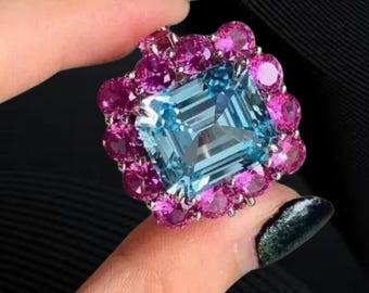 Aqua Emerald Cut Diamond Engagement Ring | Ruby Round Halo Wedding Ring | 14K White Gold Plated | Cocktail Women's Antique Art Deco Ring.