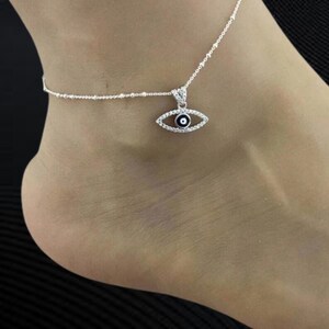 Round Blue Sapphire & Diamond Evil Eye Anklet For Women | Minimalist 925 Silver Wedding Gift Anklet | Handmade 14K White Gold Plated Anklet.