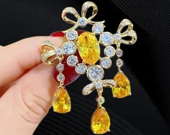 Vintage Citrine Sterling Silver Brooch | Yellow Gemstone Lapel Pin