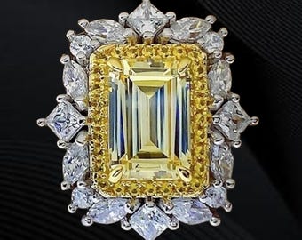 Anillo de compromiso para mujer chapado en oro blanco de 14 quilates con citrino amarillo esmeralda / Joyería hecha a mano / Joyería para ocasiones especiales / Regalo de boda.