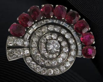 Broche de rubí estilo vintage para mujer y hombre / Broche de plata 925 de moda con oro blanco de 14 quilates / Broche antiguo victoriano de diamantes, regalo para ella.