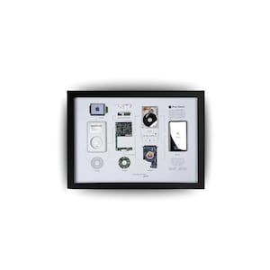 May include: Framed artwork showcasing the internal components of an iPod Classic. The black frame surrounds a white background with various parts arranged in a grid. Includes a screen, hard drive, and circuit boards. The text "iPod Classic" is visible.