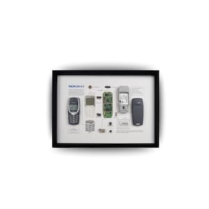 Puede incluir: Impresión enmarcada que presenta un teléfono Nokia 3310 descompuesto, mostrando sus componentes. El marco negro rodea un fondo blanco con las piezas del teléfono dispuestas y etiquetadas. La impresión incluye el logotipo de Nokia.