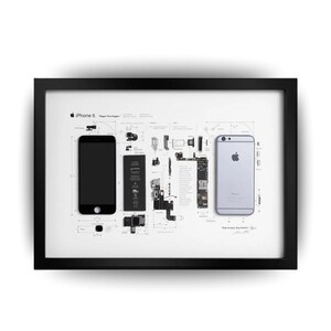 Może przedstawiać: Oprawiony wydruk ze schematem iPhone'a 6. Wydruk przedstawia komponenty telefonu, w tym baterię i części wewnętrzne, obok pełnego obrazu telefonu. Rama jest czarna, a tło białe.