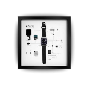 Può includere: Stampa incorniciata con un diagramma esploso di un Apple Watch. L'illustrazione in bianco e nero mostra i componenti dell'orologio e il testo "WATCH" in alto. L'orologio è nero con un cinturino nero, su sfondo bianco.