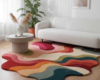 Handmade Tufted Wool Rug: Groovy Retro Wavy Design, Funky Home Decor