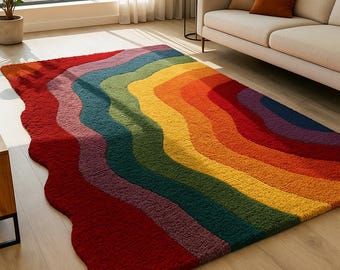 Wavy Rainbow Strips Color  Hand Tufted Wool Rug - Colorful Modern Carpet for Livingroom Bedroom Nursery 5x8 6x9 8x10 9x12 10x14 All Sizes.