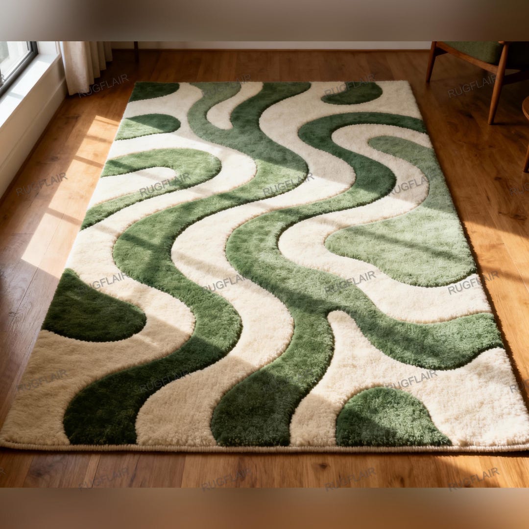 Wavy Checker Pattern Rug Green Wave Rug Ivory | Modern Wavy Pattern Area Rug Abstract Rug for ...