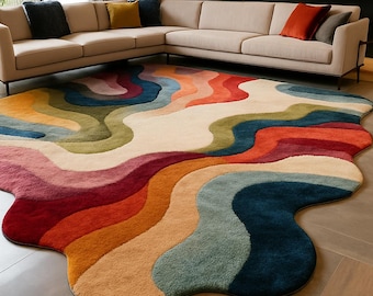 Groovy Waves Colorful Hand Tufted Wool Rug-Color Pop Carpet for Livingroom Bedroom Guestroom Nursery 5x8 6x9 8x10 9x12 10x14 All Sizes.