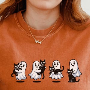 Halloween Black Cat & Ghost Comfort Colors Shirt, Halloween Ghost Tshirt, Spooky Season Cat Tee, Halloween Cute Outfit, Halloween Sweatshirt