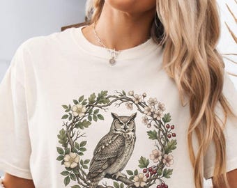 Owl Shirt, Adult Unisex Comfort Colors® Shirt & Long Sleeve Tee, Forestcore Owl Top, Vintage Gothic Shirt, Birdwatching, Nature Wildlife Tee