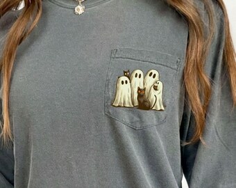 Halloween Ghost Hug Black Cat Long Sleeve T-Shirt with Comfort Colors Pocket, Spooky Fun Casual Fall Wear