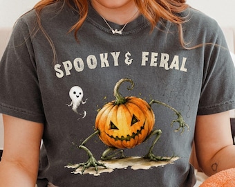 Spooky And Feral Halloween Shirt, Comfort Colors Creepy Cute Ghost and Pumpkin Tee, Feral Girl Shirt Design, Halloween Mama