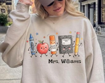 Personalized Crayon Teacher Sweatshirt, Custom Name Back to School Tee, Cute Kindergarten Teacher T-Shirt, Colorful Teacher Hoodie