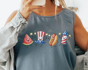 Comfort Colors® Patriotic Doodle Tank Top, Cute Fourth of July Shirt,Watermelon Hotdog Firework Shirt,Retro American Shirt,Funny 250th Shirt