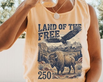 Comfort Colors Land of The Free 250 Tank Top, USA 250 Vintage America Tee, 4th of July T Shirt, Retro Patriotic Tee, Unisex Bison Eagle Tee