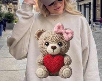 Faux Yarn Teddy Bear Sweatshirt, Valentine Heart Bear Hoodie, Cute Coquette Teddy Top, Plush Fuzzy Jumper, Girly Cozy Gift Outfit for Women