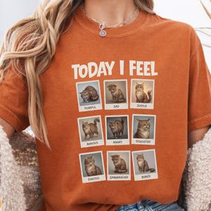May include: A burnt orange t-shirt featuring the text "TODAY I FEEL" above a grid of nine individual cat photographs. Each cat image is labeled with an emotion including fearful, sad, joyous, anxious, angry, disgusted, envious, embarrassed, and bored.