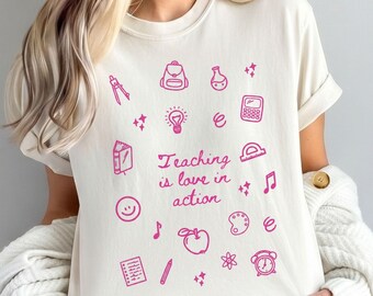 Comfort Colors Trendy Teacher Shirt, Minimal Doodle Back To School Shirt, Preppy Coquette School T-shirt, Girly Pink Bow Tee, Teacher Gifts