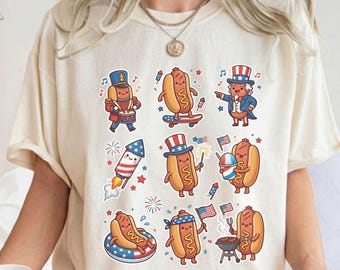 Comfort Colors 4th of July Hot Dog Shirt | Patriotic BBQ Graphic Tee | American Flag Fireworks Shirt | Funny Fourth of July Holiday Tshirt