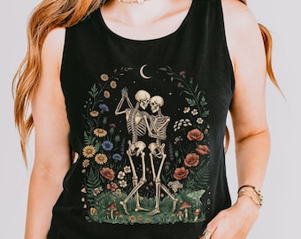 Comfort Colors Halloween Tank Top, Skeleton Graphic Tee, Autumn Nature Design, Unisex Sleeveless Shirt, Dancing Skeletons Wildflower Tank