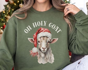 Oh Holy Goat Sweatshirt, Funny Christmas Pun Shirt, Funny Goat Lover Gift, Santa Goat Crewneck,Farm Animal Holiday Apparel,Ugly Xmas Sweater
