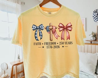 Faith Freedom Christian America 250th Anniversary Crop Tee, Comfort Colors® 4th Of July Boxy T-Shirt, Coquette Bow American Flag Shirt