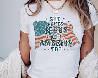 She Loves Jesus And America Too Baby Tee, 4th Of July Women's Y2K Shirt, America Independence Tshirt, She Loves Jesus Tee