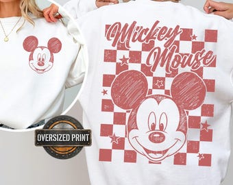 Retro Checkered Mickey & Friends Oversized Print Sweatshirt, Custom Disneyland Tee, Minnie Daisy Donald Goofy Pluto,Disneyland Vacation Gift