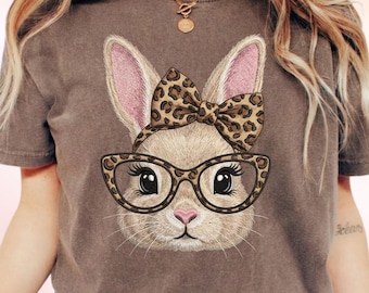 Retro Happy Easter Bunny Comfort Colors Shirt, Faux Embroidery Coquette Leopard Bunny T-Shirt, Spring Women Tee, Trendy Easter Day Gift