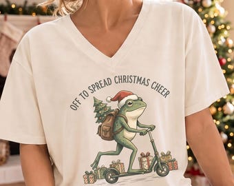 Funny Christmas Frog Shirt, Bella Canvas V Neck, Spreading Christmas Cheer Tee, Cute Holiday Frog Lover Gift, Festive Animal Graphic Apparel