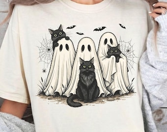 Halloween Ghost Black Cat Shirt, Comfort Colors Halloween Tee, Spooky Season Cat Tee, Halloween Outfit, Halloween Sweatshirt
